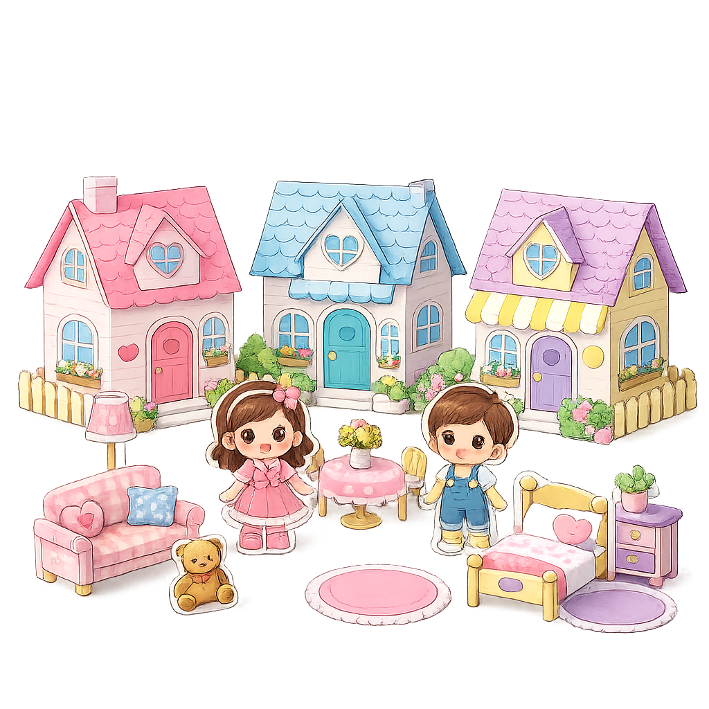 Casinhas de papel montadas com personagens infantis coloridos